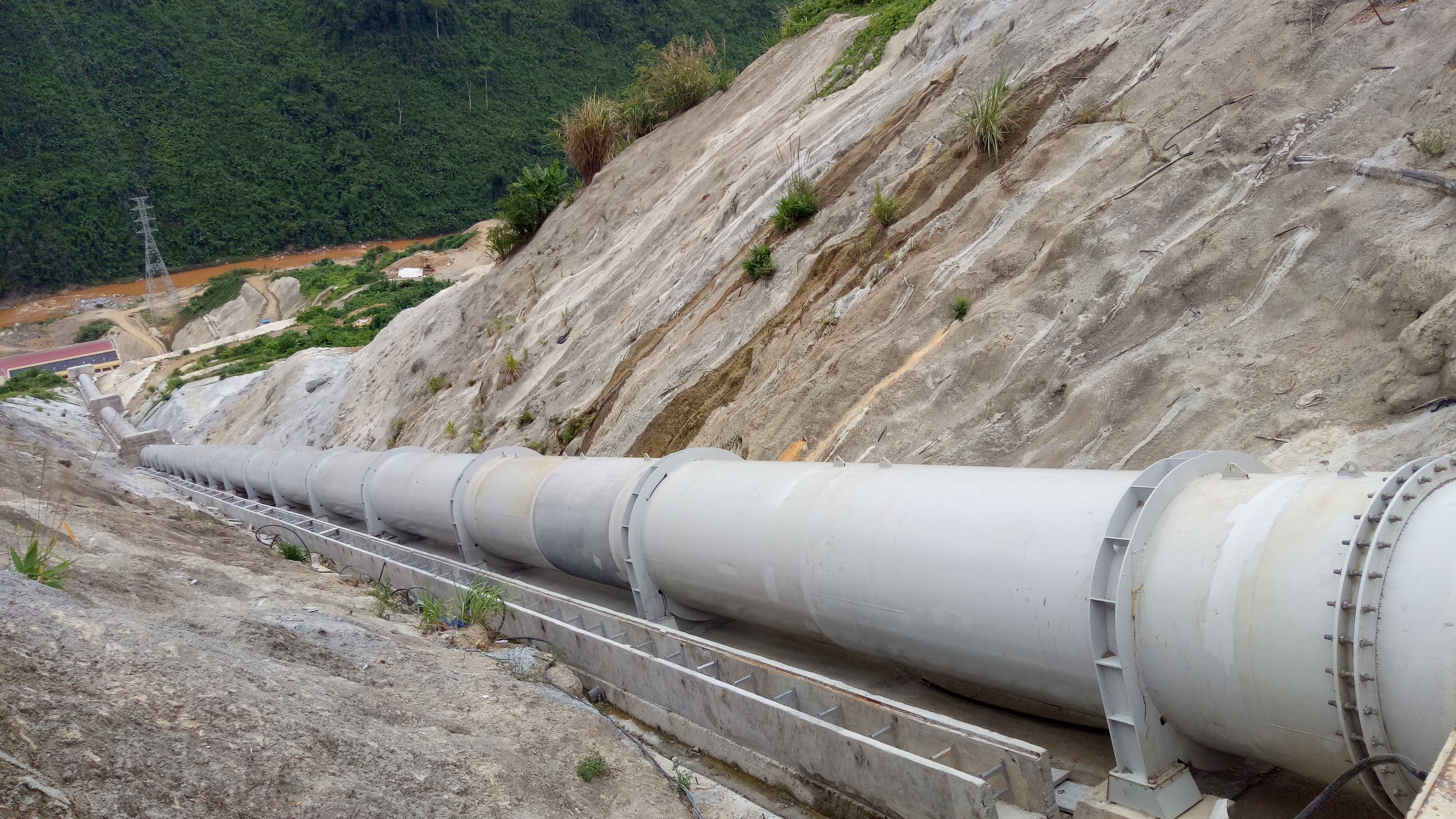 Dam penstocks pipe at Song Bung hydropower plant in Vietnam