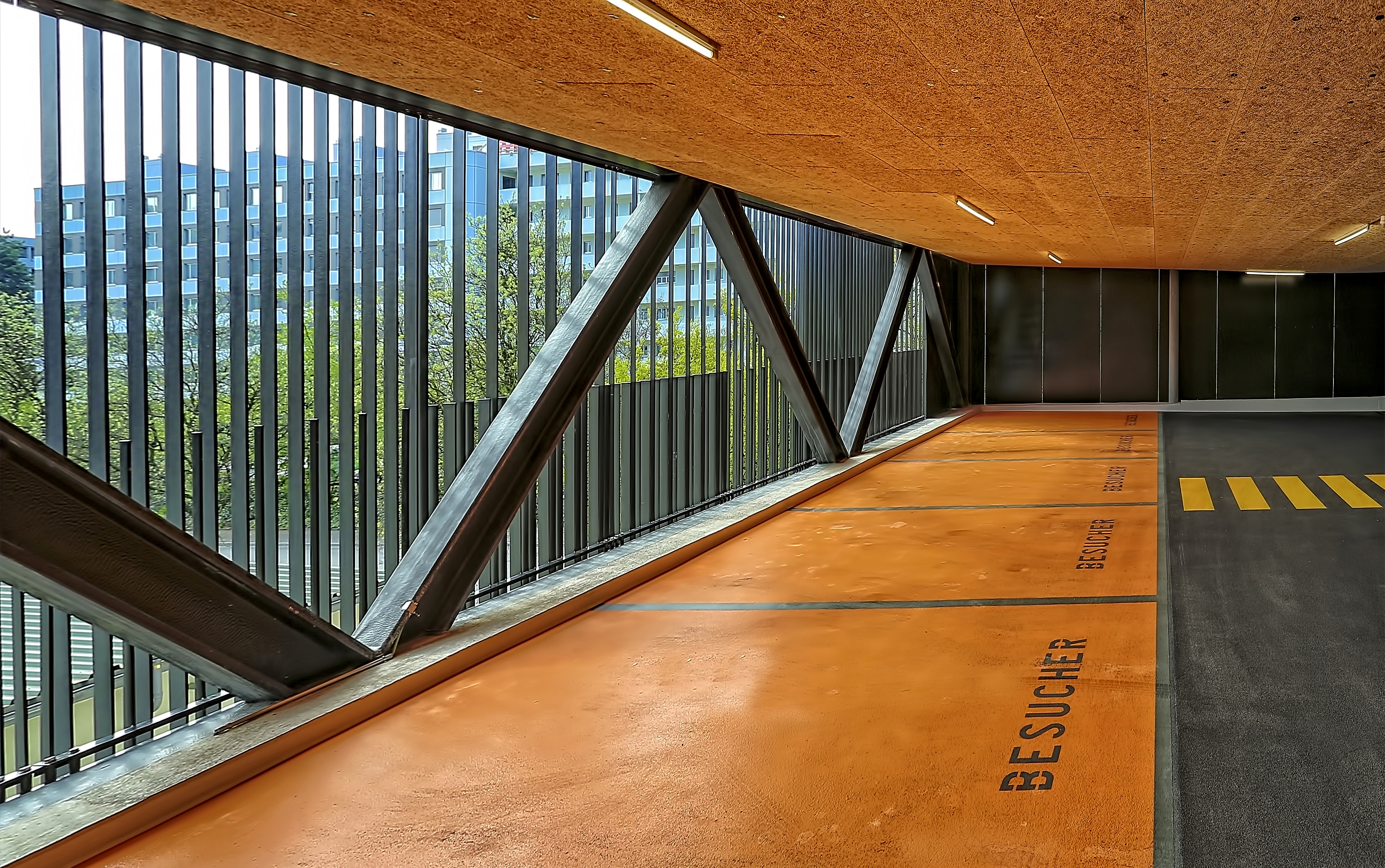 Colorful floor coating in car parking garage