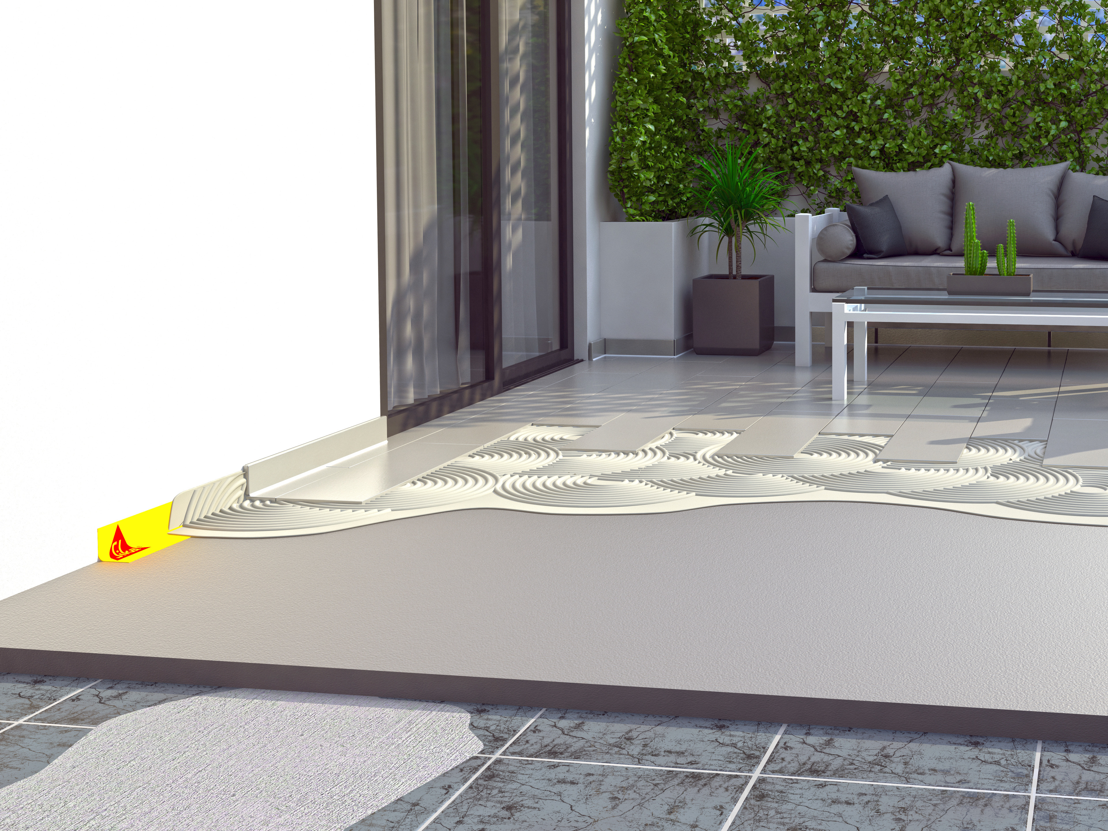 Illustration of tile setting adhesives and waterproofing tape for balcony terrace patio area outside home