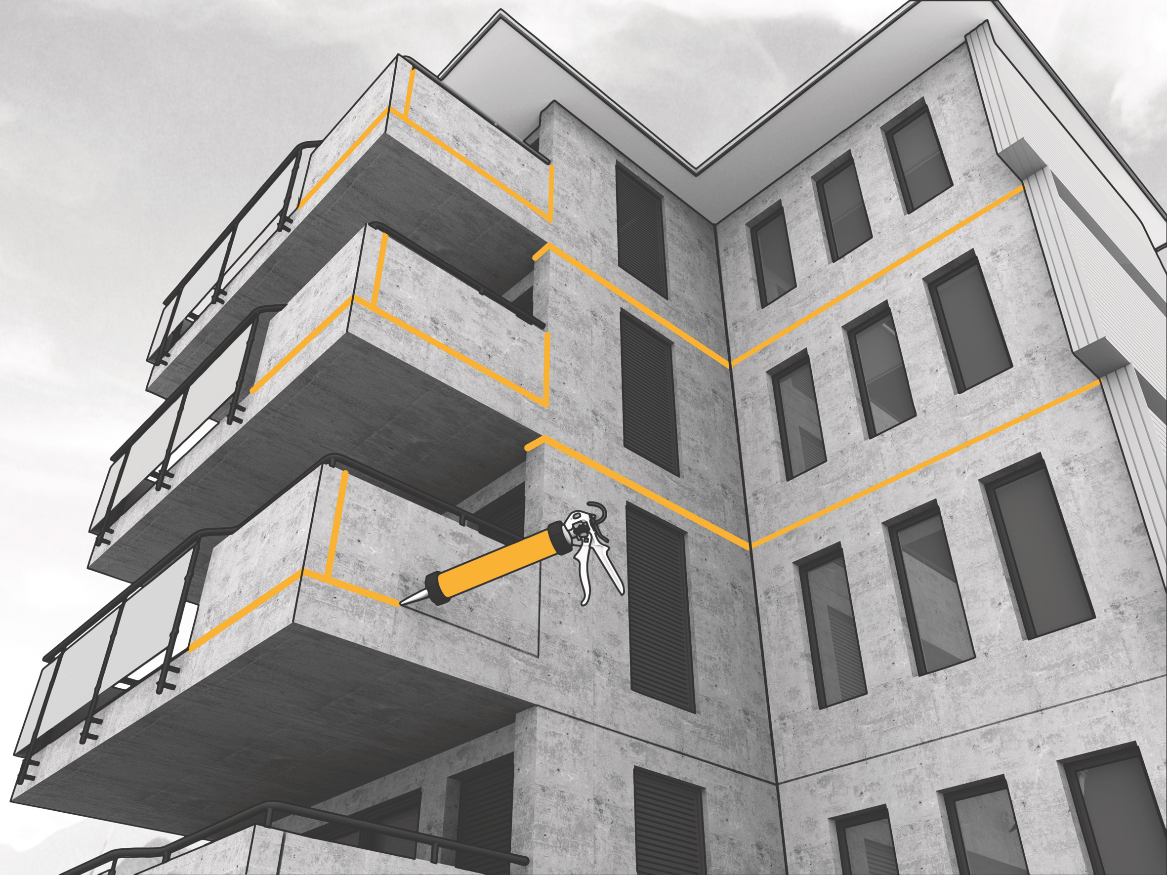 Application of joint sealant on a concrete building - Envelope System illustration